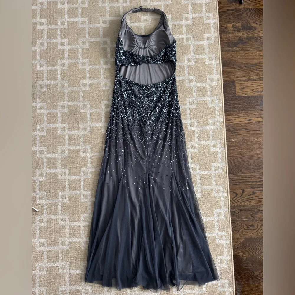 Nightway Sequined Halter Formal Gown Charcoal Gray Mesh Maxi Prom Dress 8 - Picture 3 of 14
